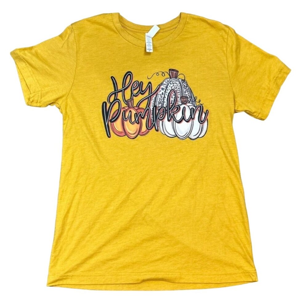 (6 for $25)Short Sleeve "Hey Pumpkin" Graphic Tee in Golden Sunshine Size Medium